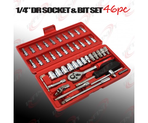 46PC 1/4" Inch Dr Socket & Bit Set Ratchet Star Hex Philips Flexible Extension 